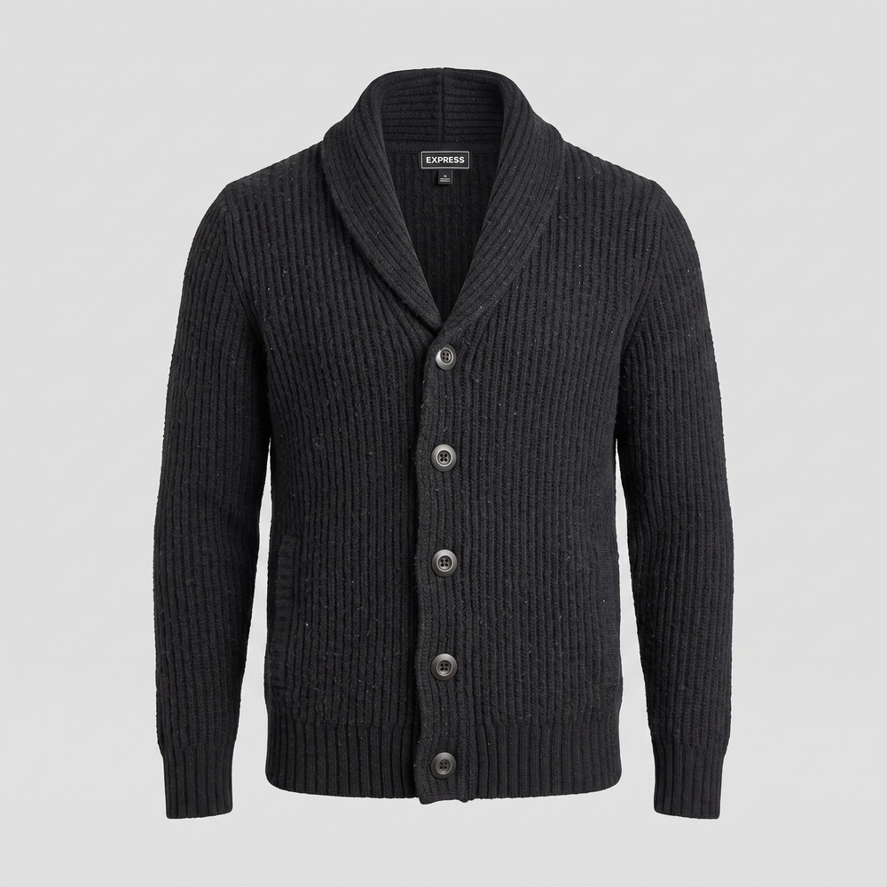 Express Mens Medium Black Sweater Cardigan Shawl Collar Ribbed Wool Blend